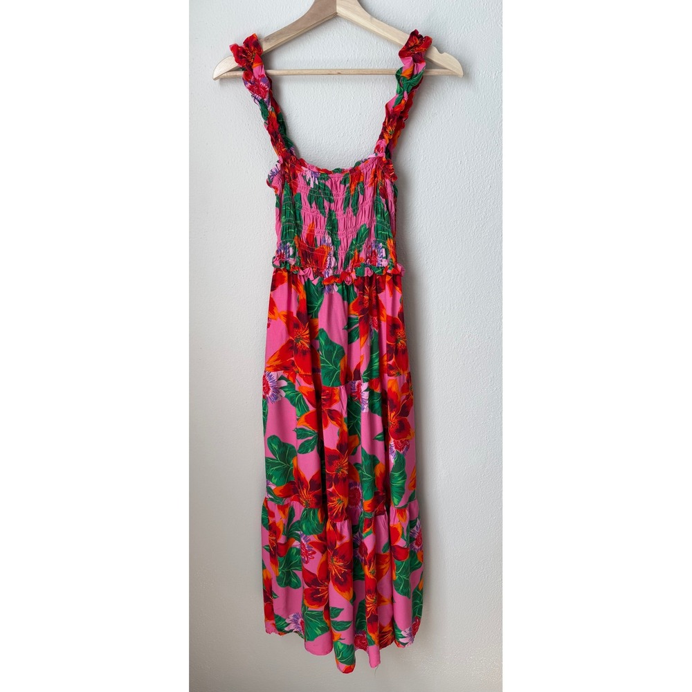 Jolie & Joy Pink Tropical Floral Smocked Midi Dress Ruffle Strap Large Pockets